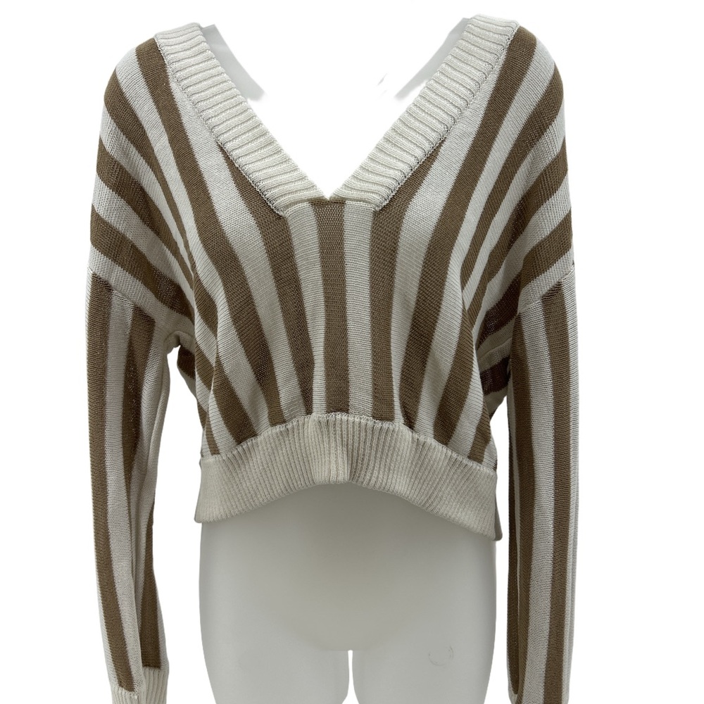 Honey Belle Brown and Cream V-Neck Sweater with Vertical Stripes